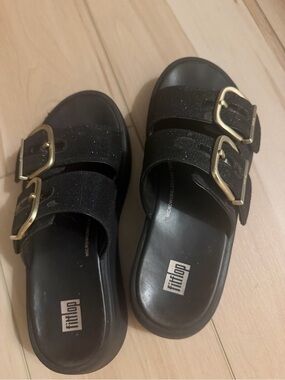 Fitflop Black Slide Sandals with Gold Buckles